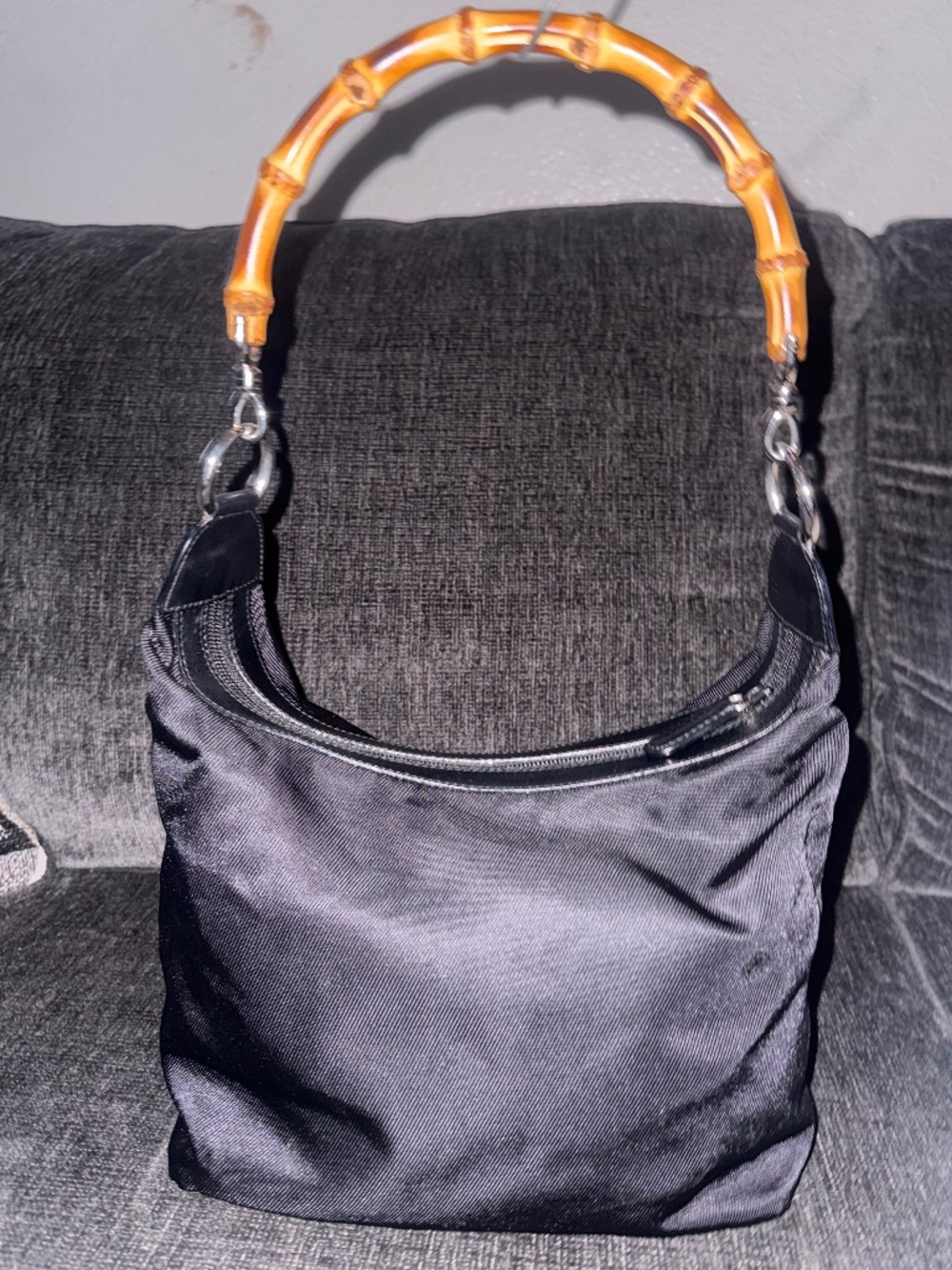Black satin hobo bag with bamboo handle